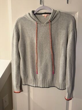 Lisa Todd Gray Hooded Knit Sweater with Coral Drawstrings